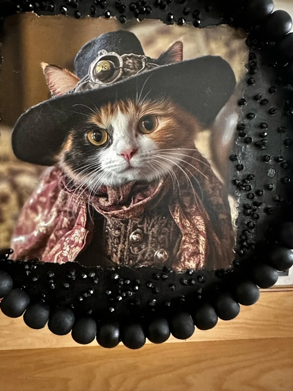 Hand Crafted Black Beaded Framed Cat Portrait